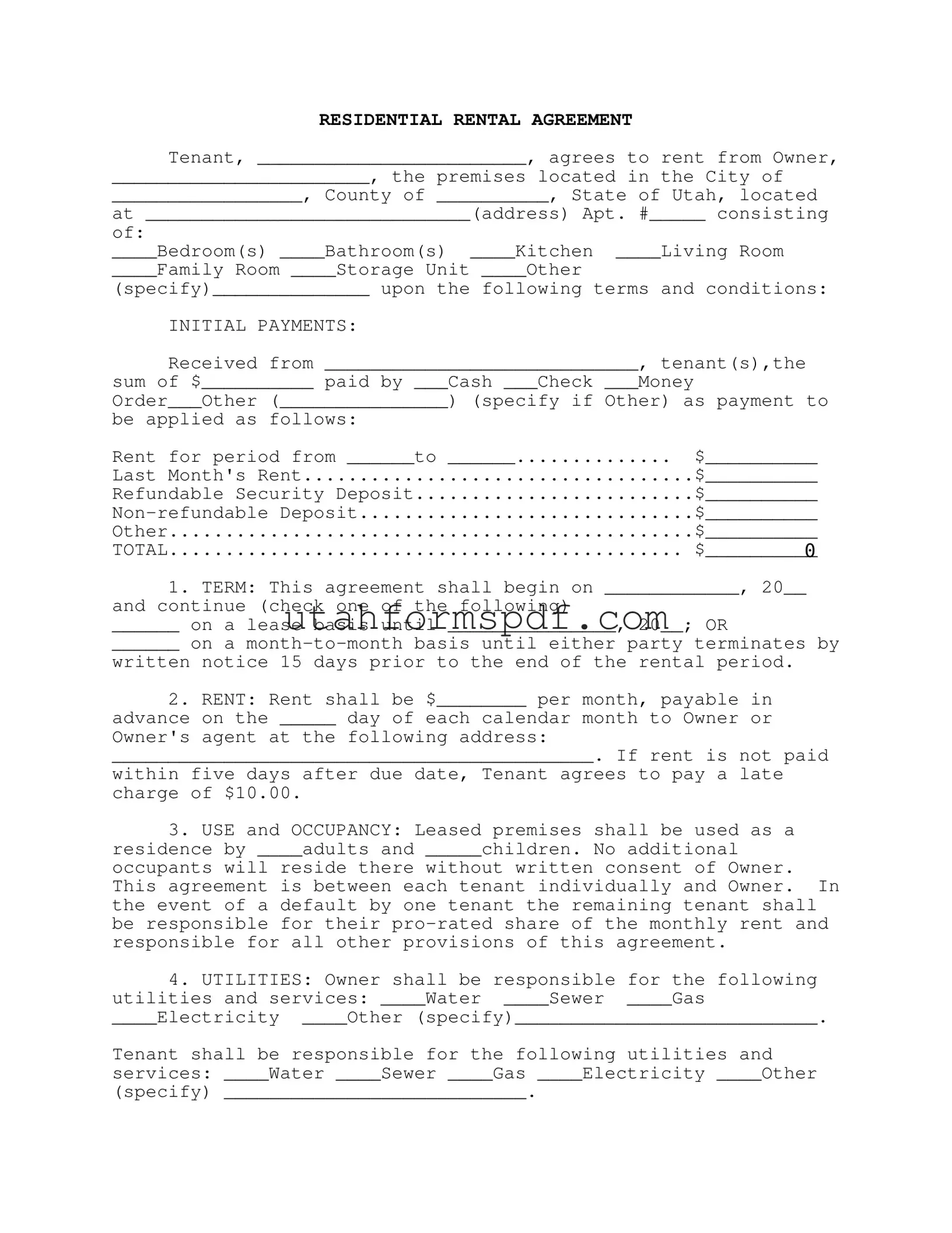 Blank Agreement Utah Form