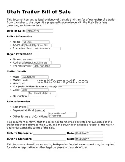 Official Utah Trailer Bill of Sale Form