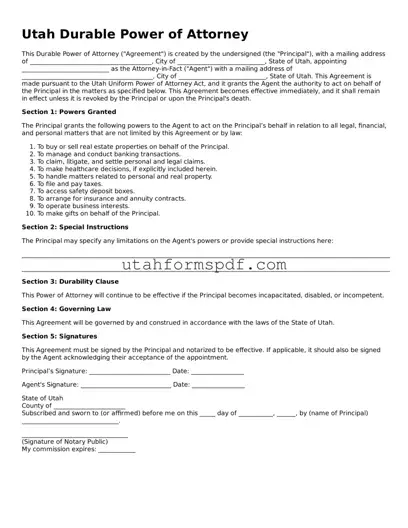 Official Utah Durable Power of Attorney Form