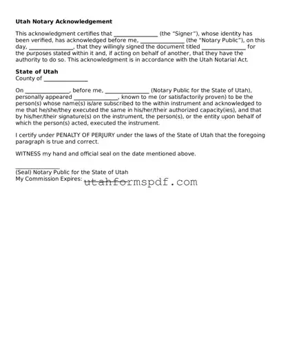 Official Utah Notary Acknowledgement Form