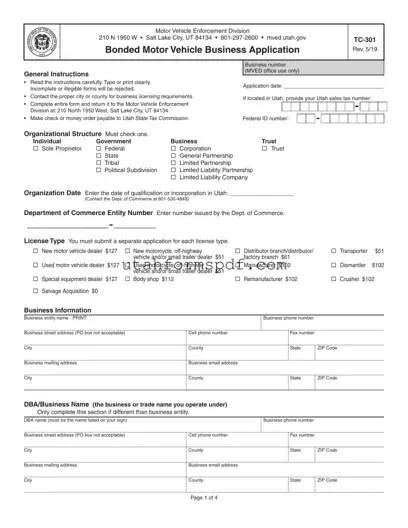 Blank Utah Tc 301 Form