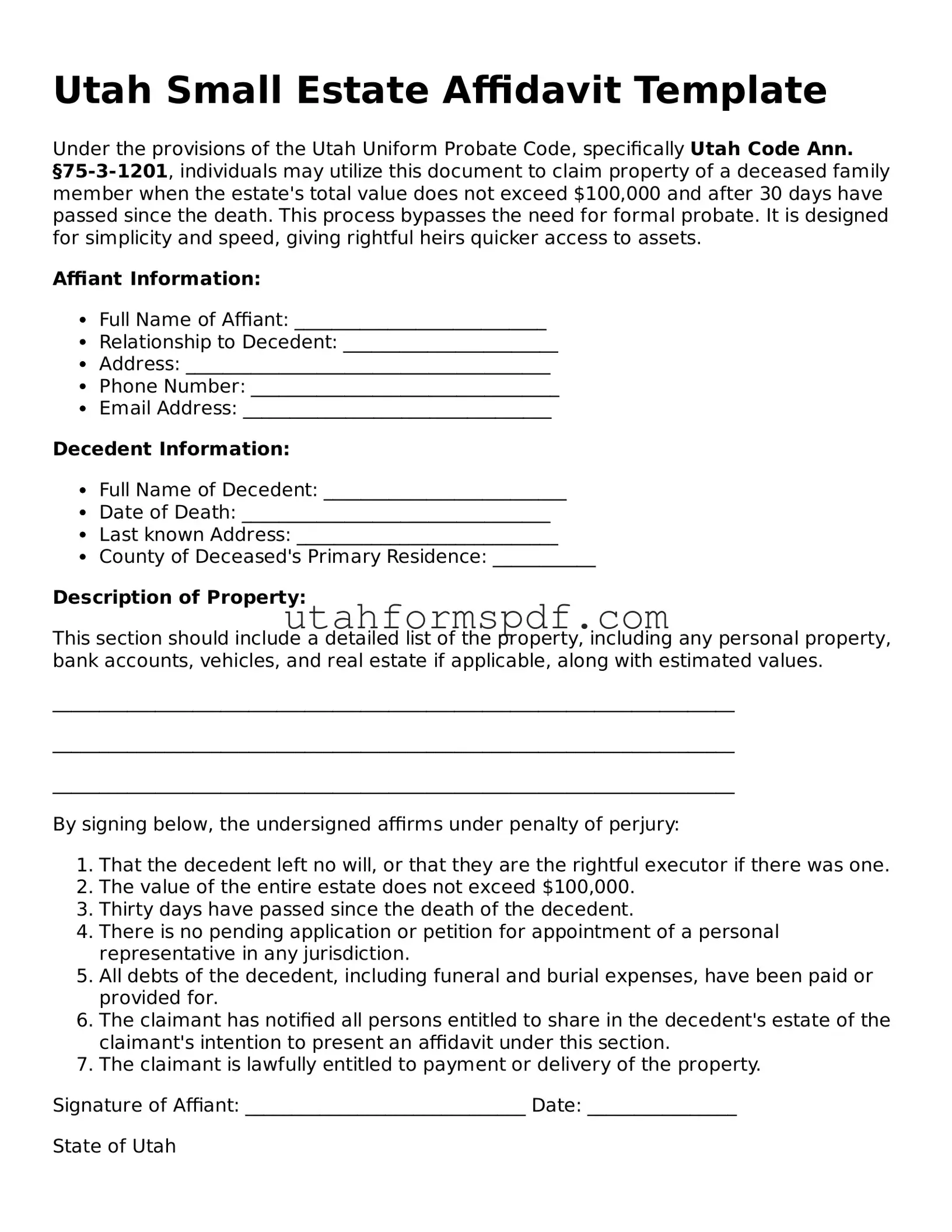 Official Utah Small Estate Affidavit Form