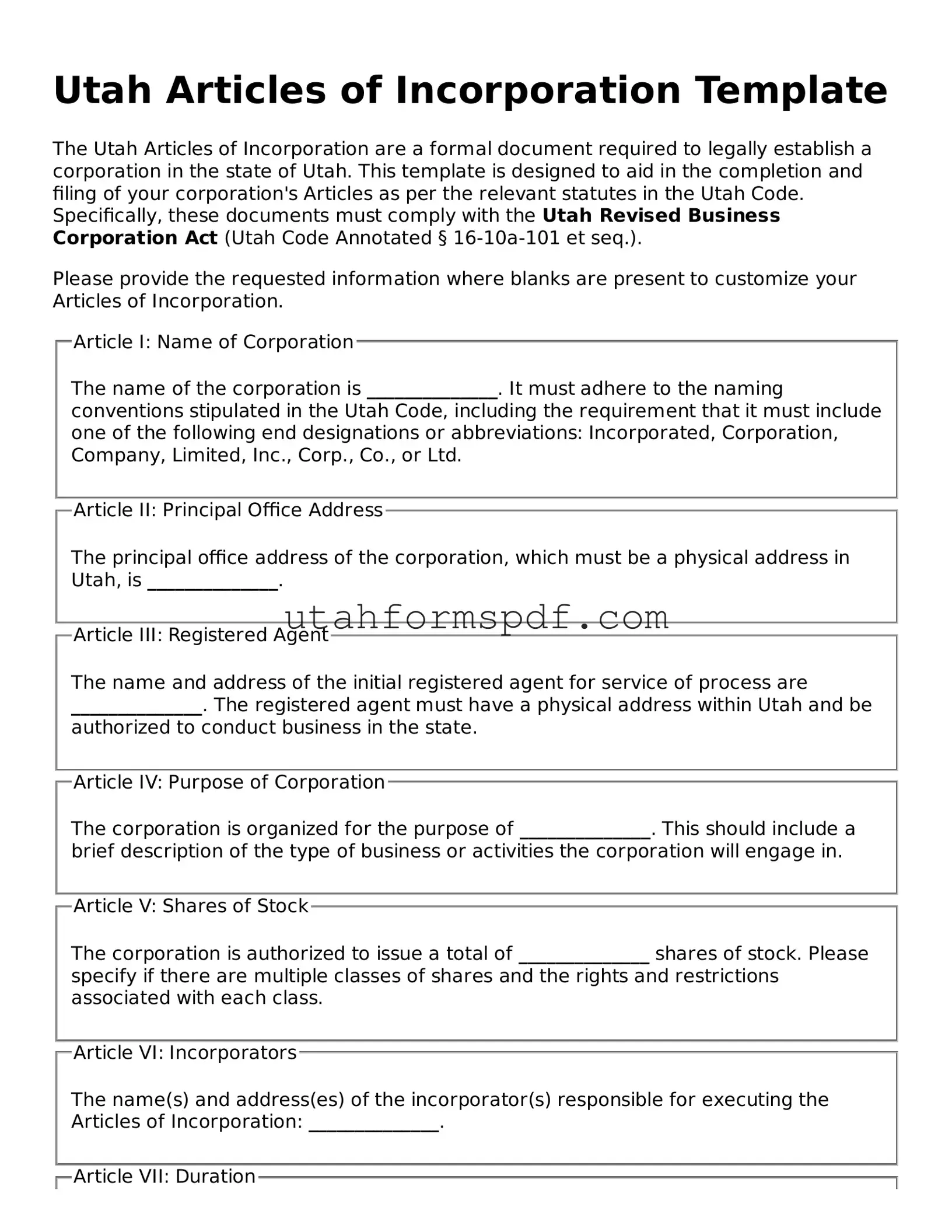 Official Utah Articles of Incorporation Form