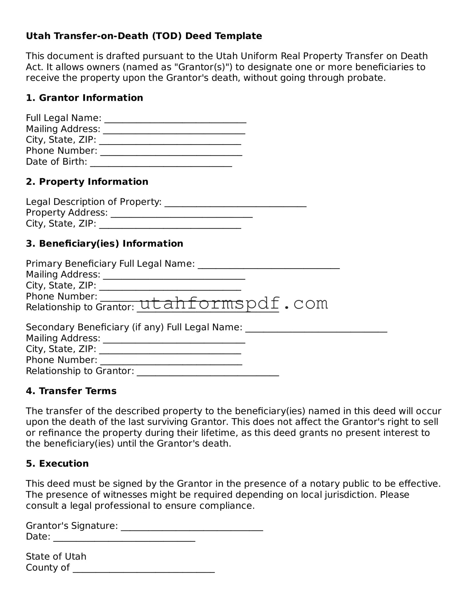 Official Utah Transfer-on-Death Deed Form