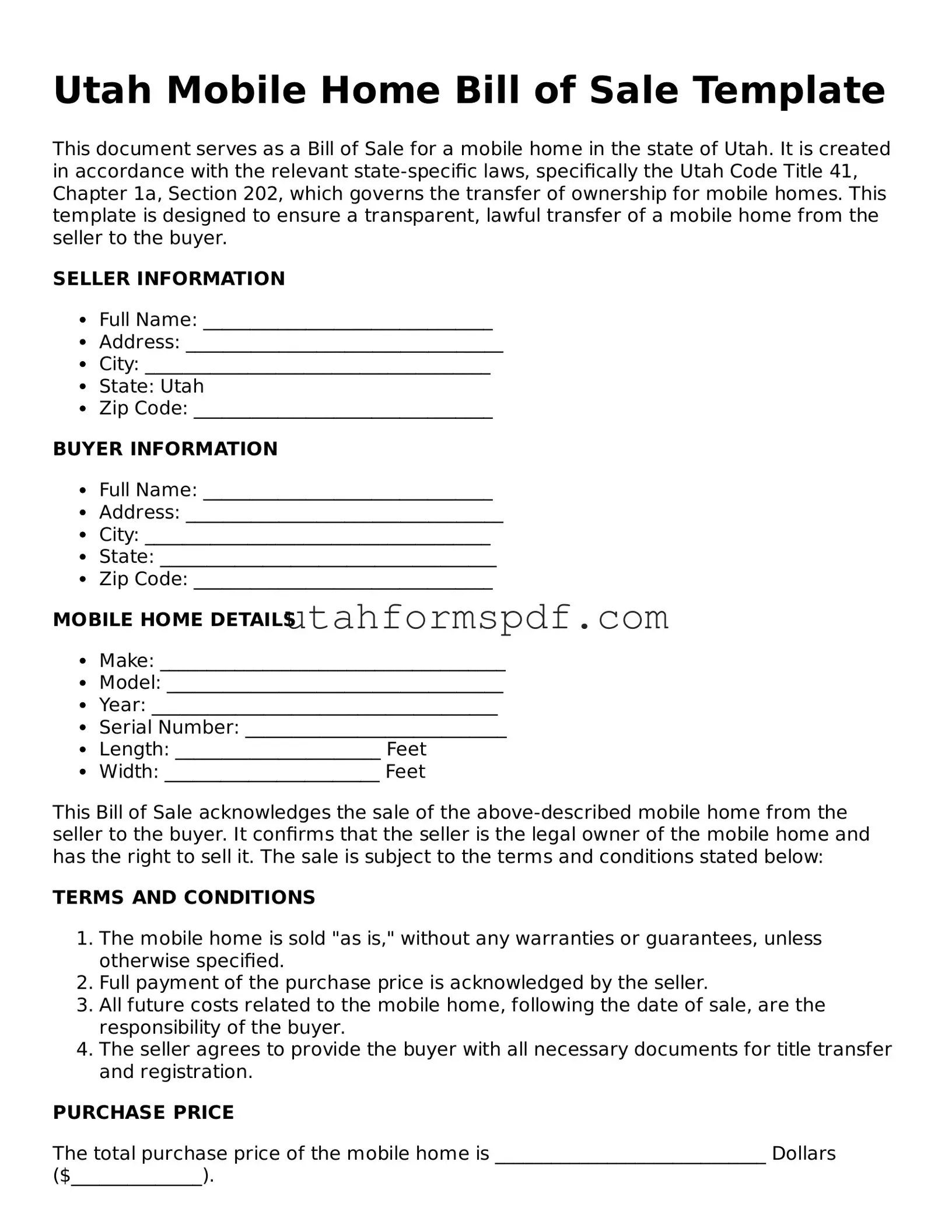 Official Utah Mobile Home Bill of Sale Form