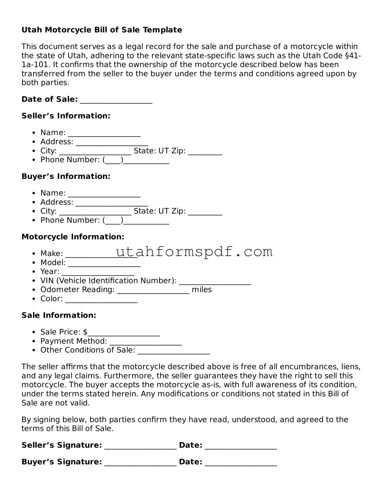 Official Utah Motorcycle Bill of Sale Form