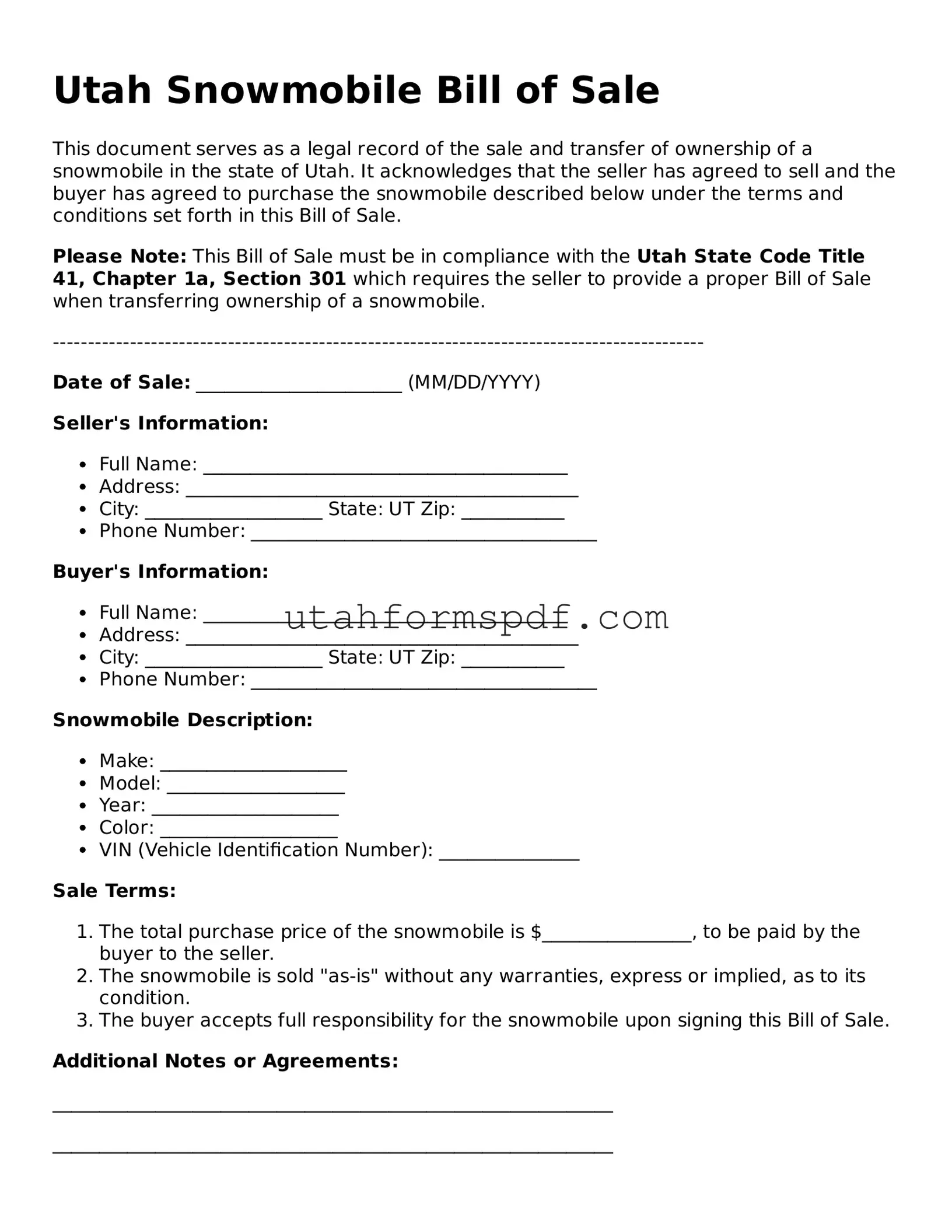 Official Utah Snowmobile Bill of Sale Form