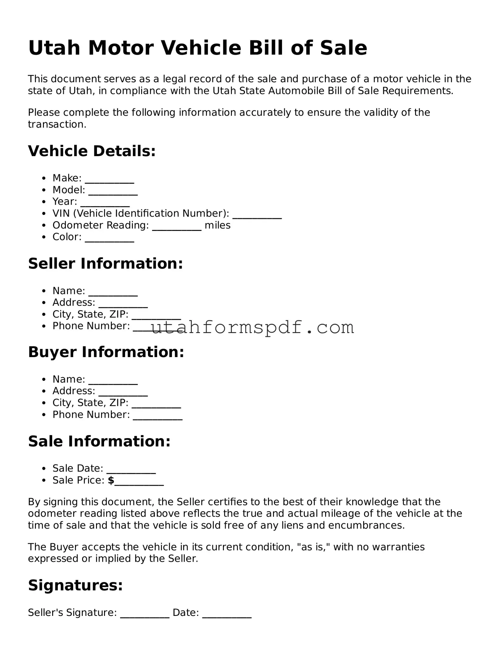 Official Utah Motor Vehicle Bill of Sale Form
