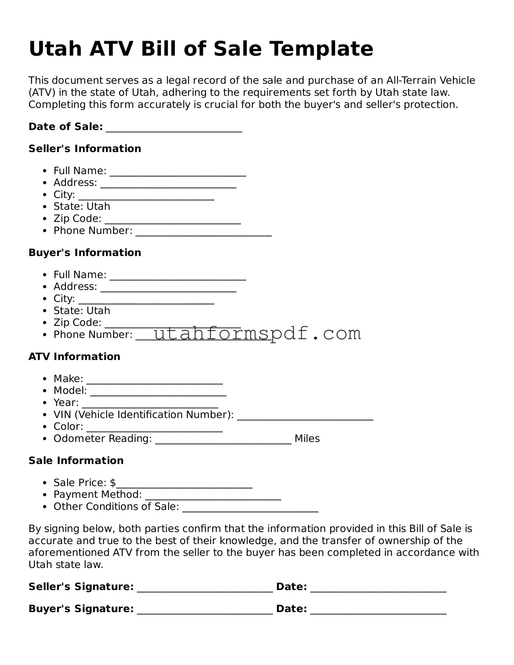 Official Utah ATV Bill of Sale Form