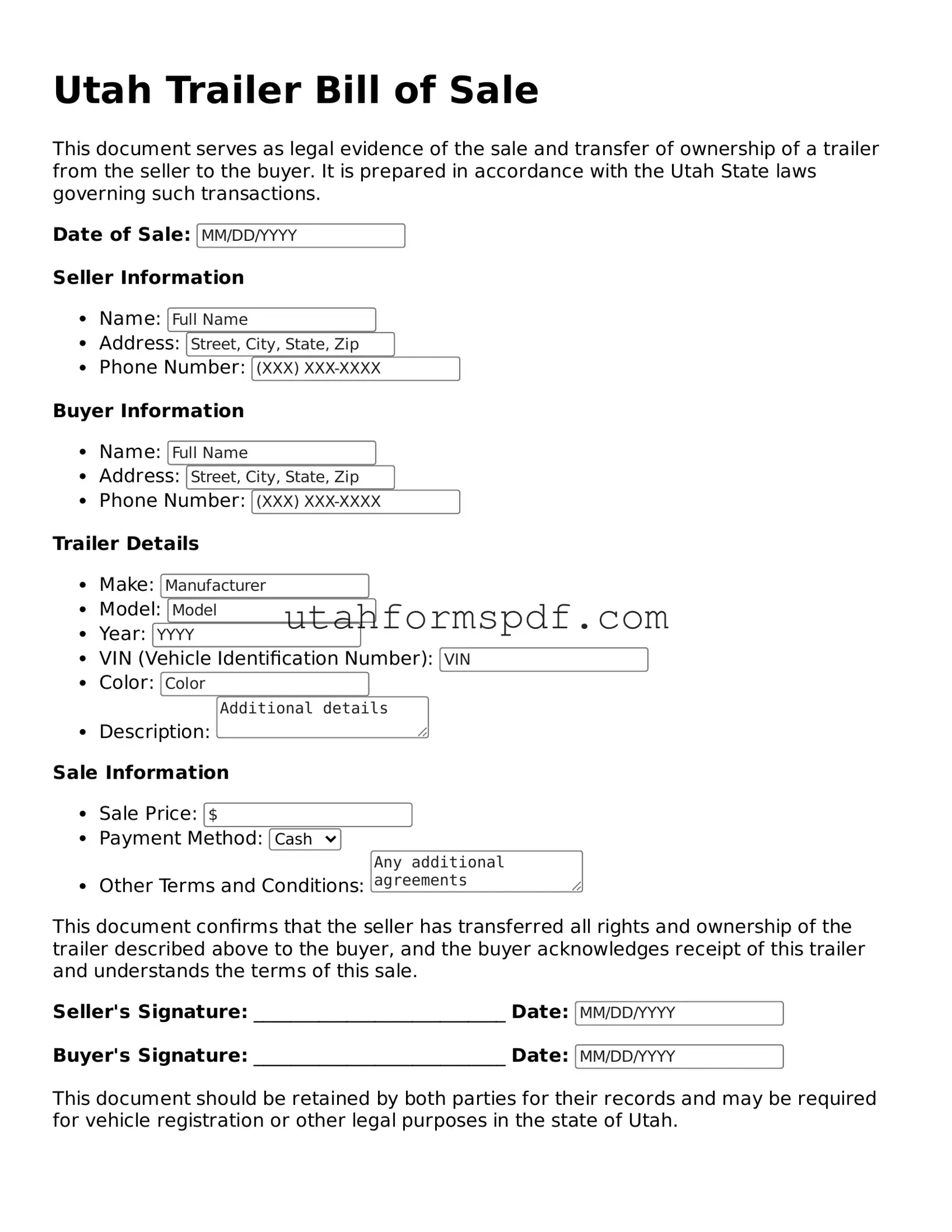 Official Utah Trailer Bill of Sale Form