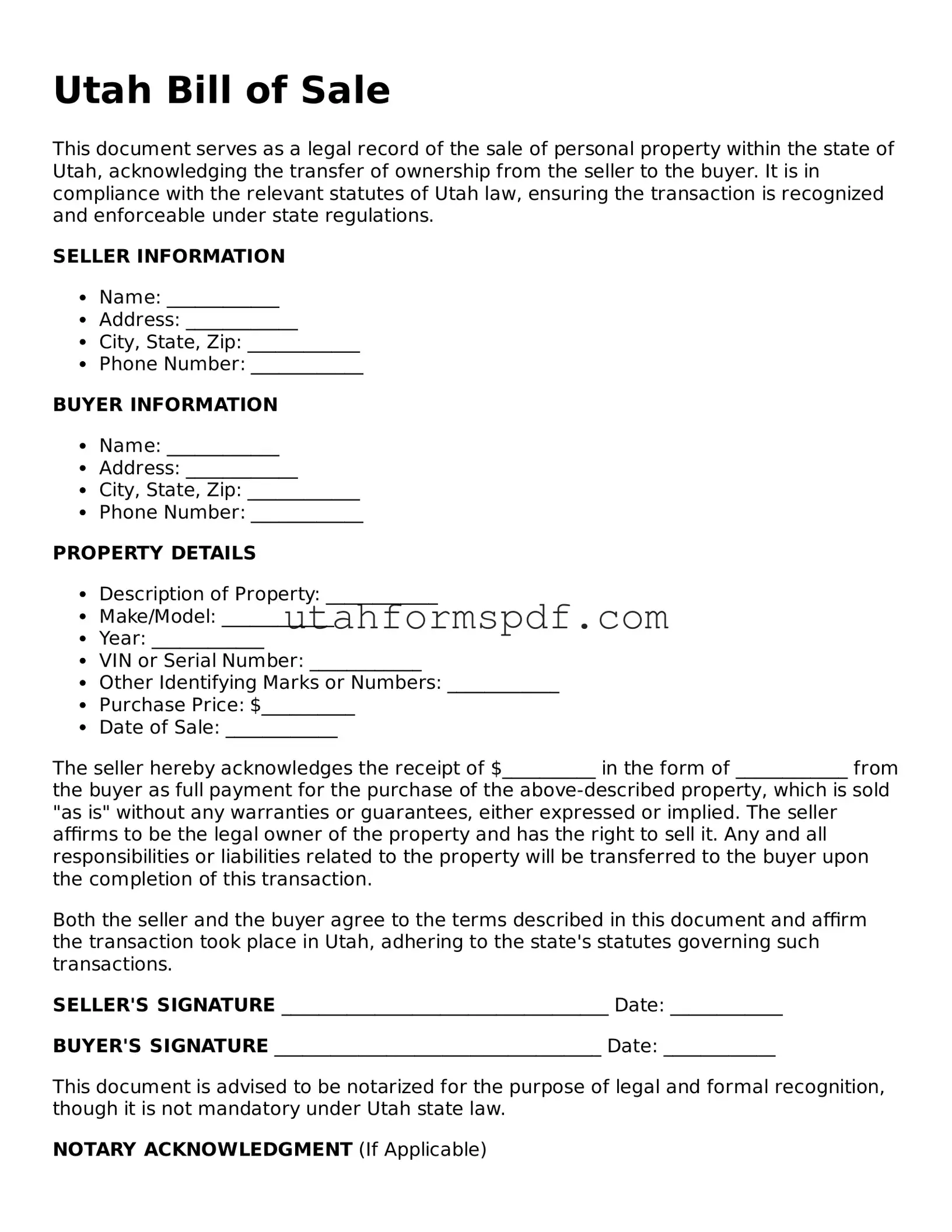 Official Utah Bill of Sale Form