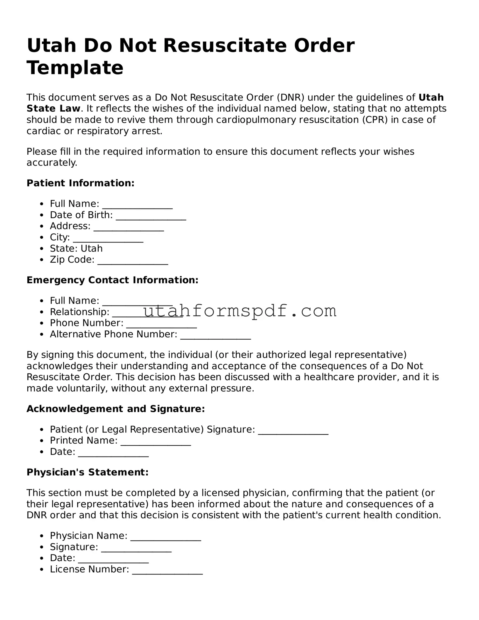 Official Utah Do Not Resuscitate Order Form