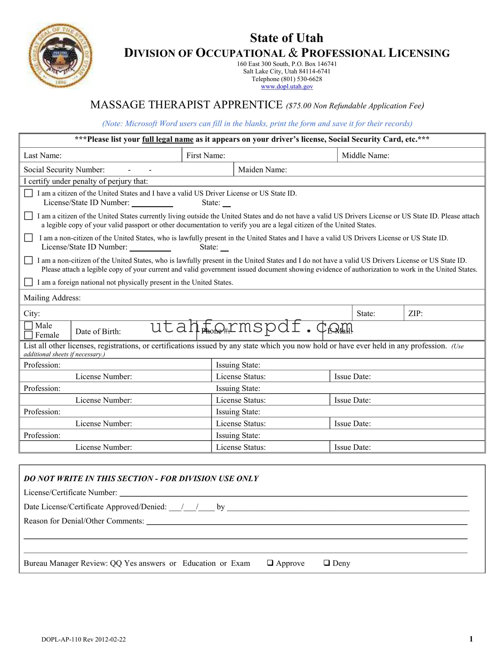 Blank Utah Dopl Ap 110 Form