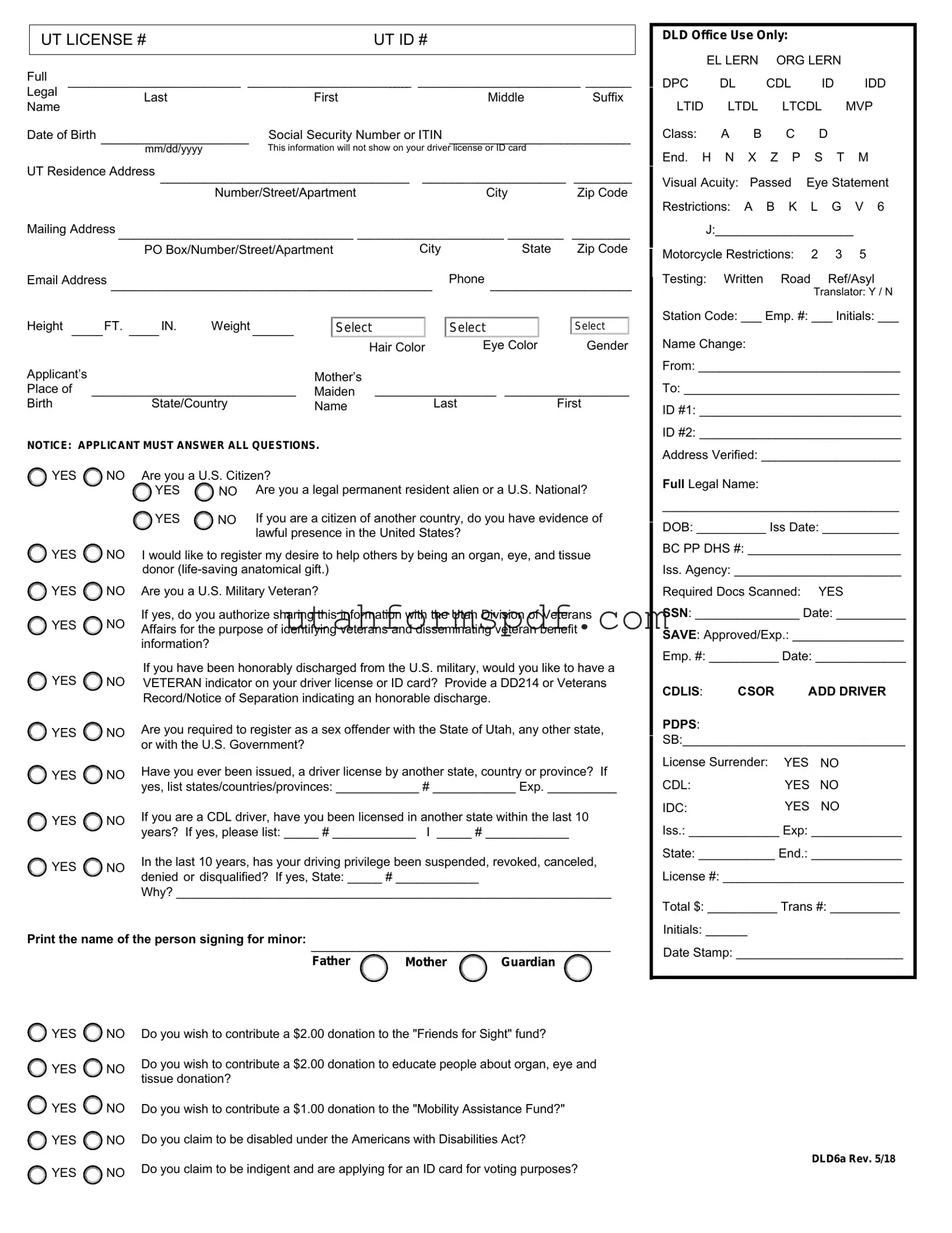 Blank Utah Driver License Application Form