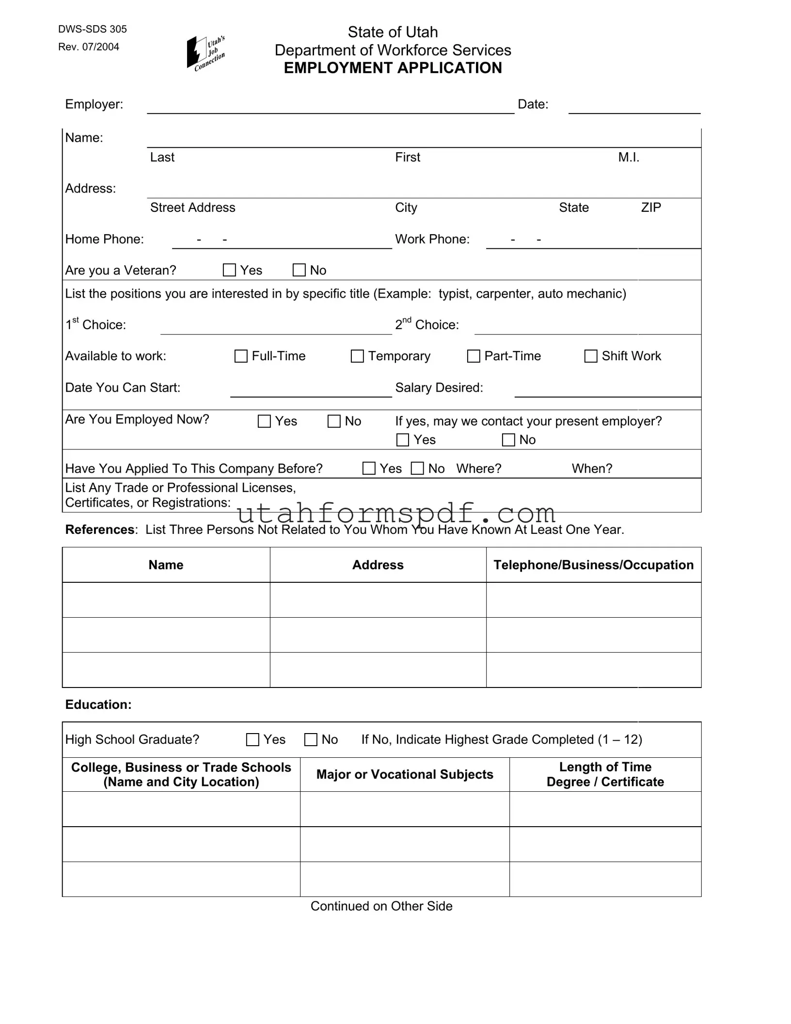 Blank Utah Dws Sds 305 Form
