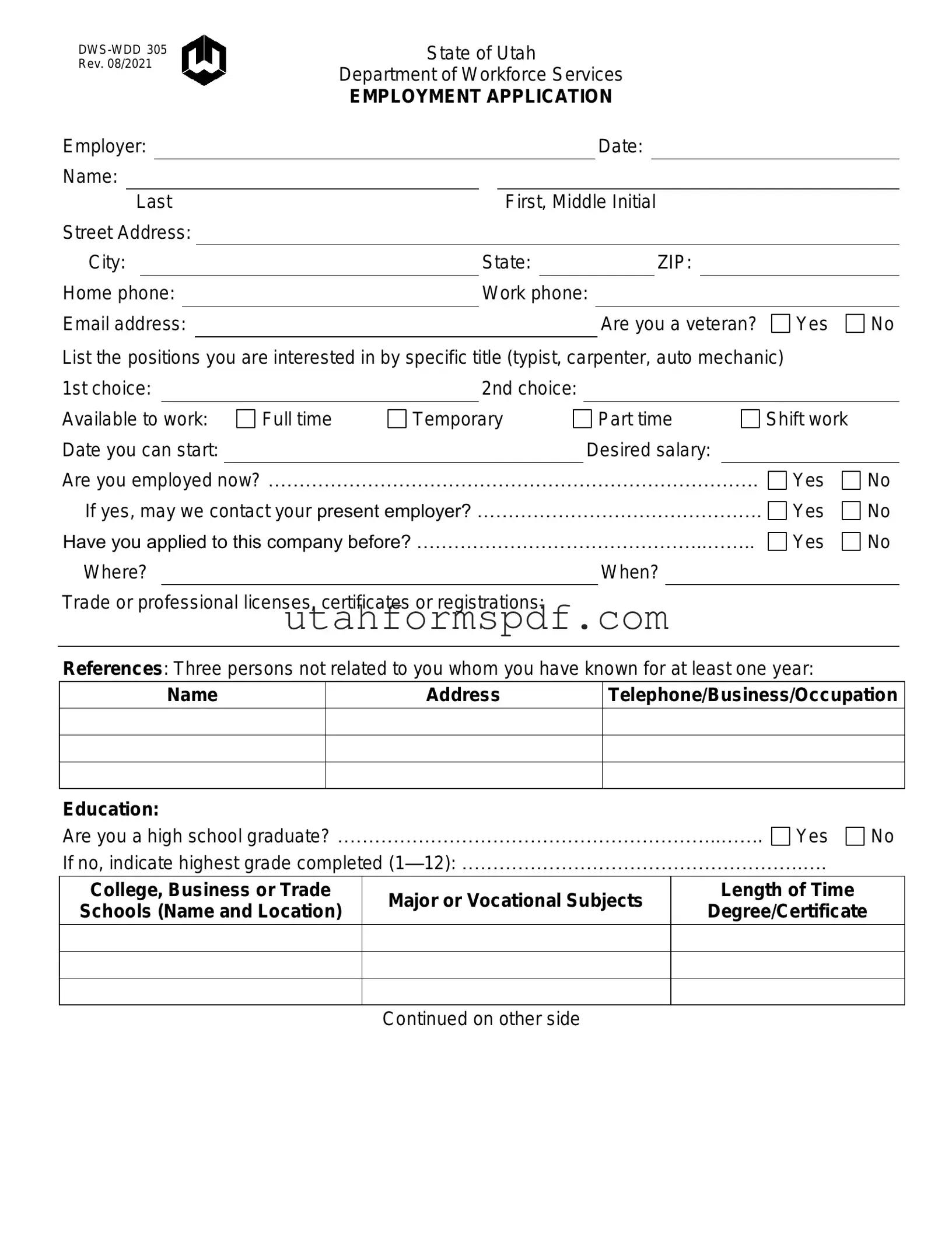 Blank Utah Dws Wdd 305 Form