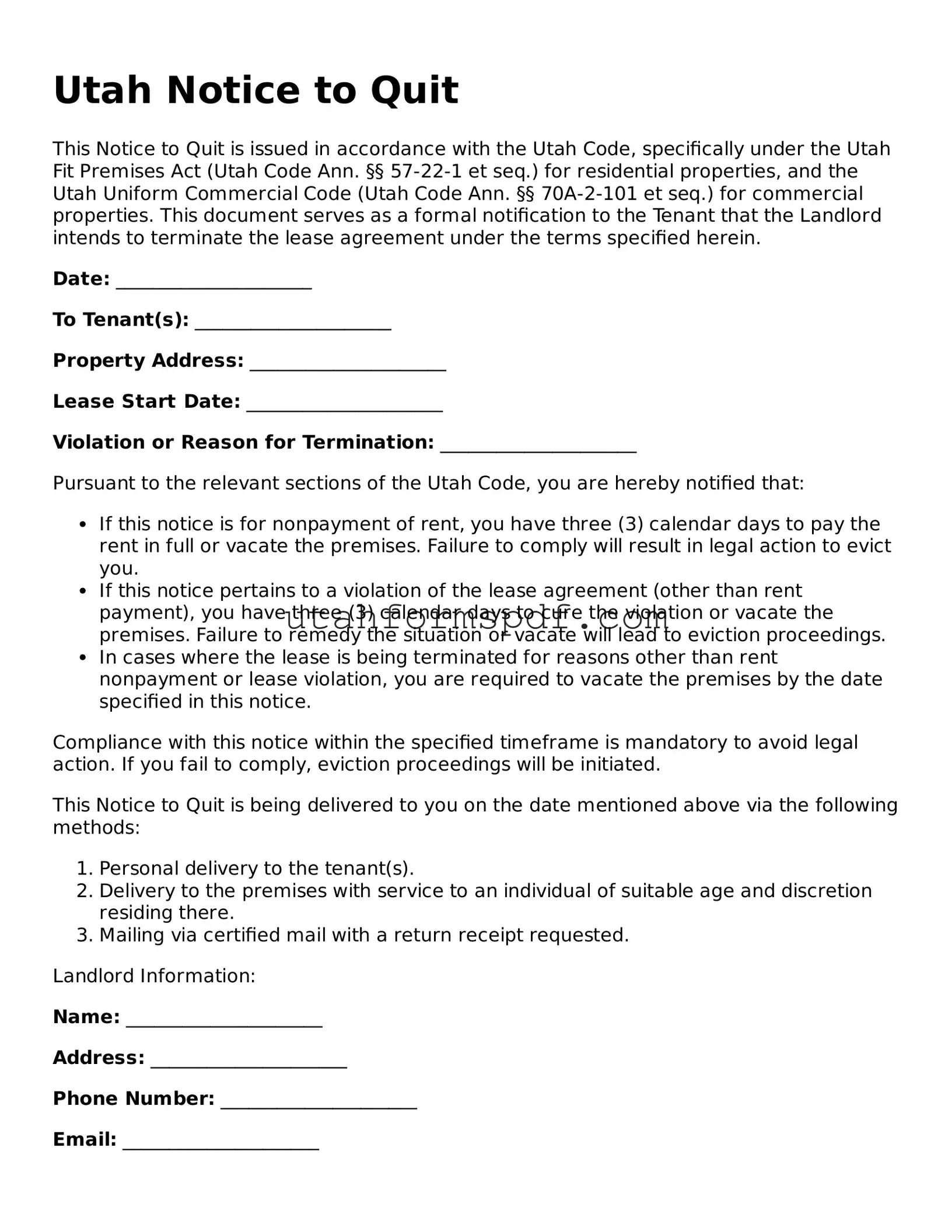 Official Utah Notice to Quit Form