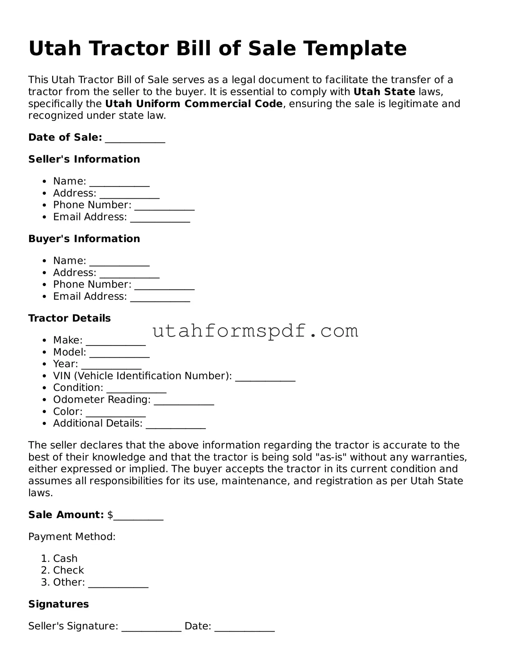 Official Utah Tractor Bill of Sale Form