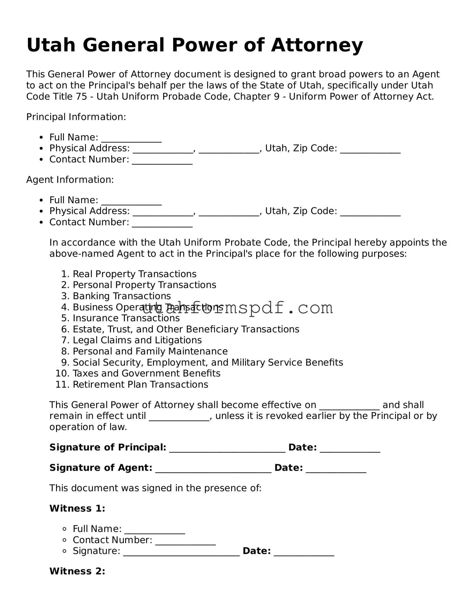 Official Utah General Power of Attorney Form