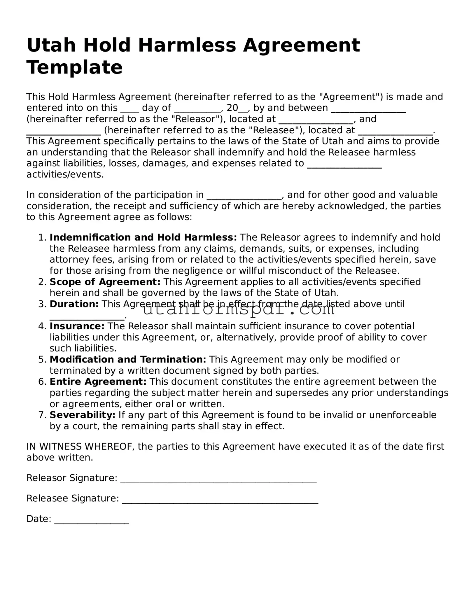 Official Utah Hold Harmless Agreement Form