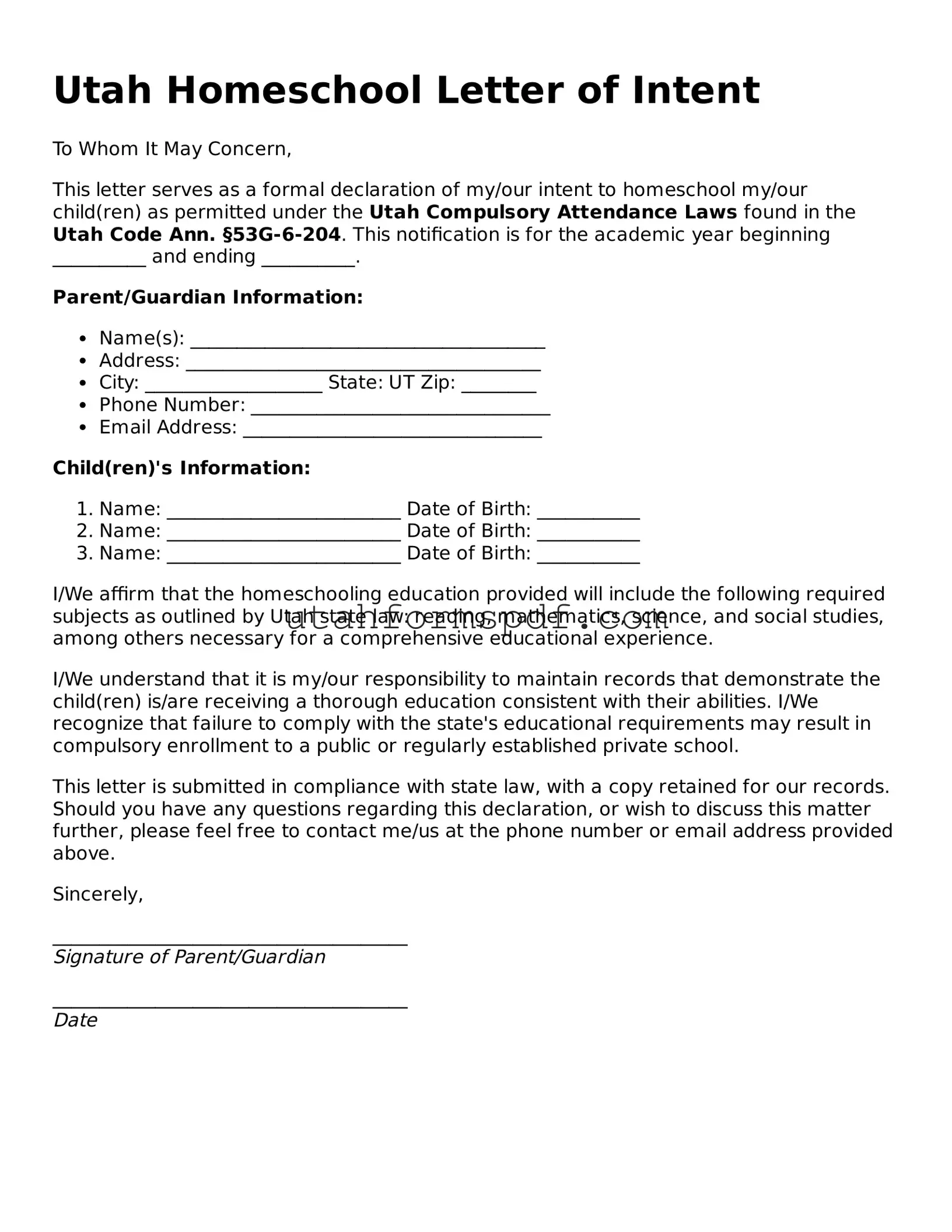 Official Utah Homeschool Letter of Intent Form