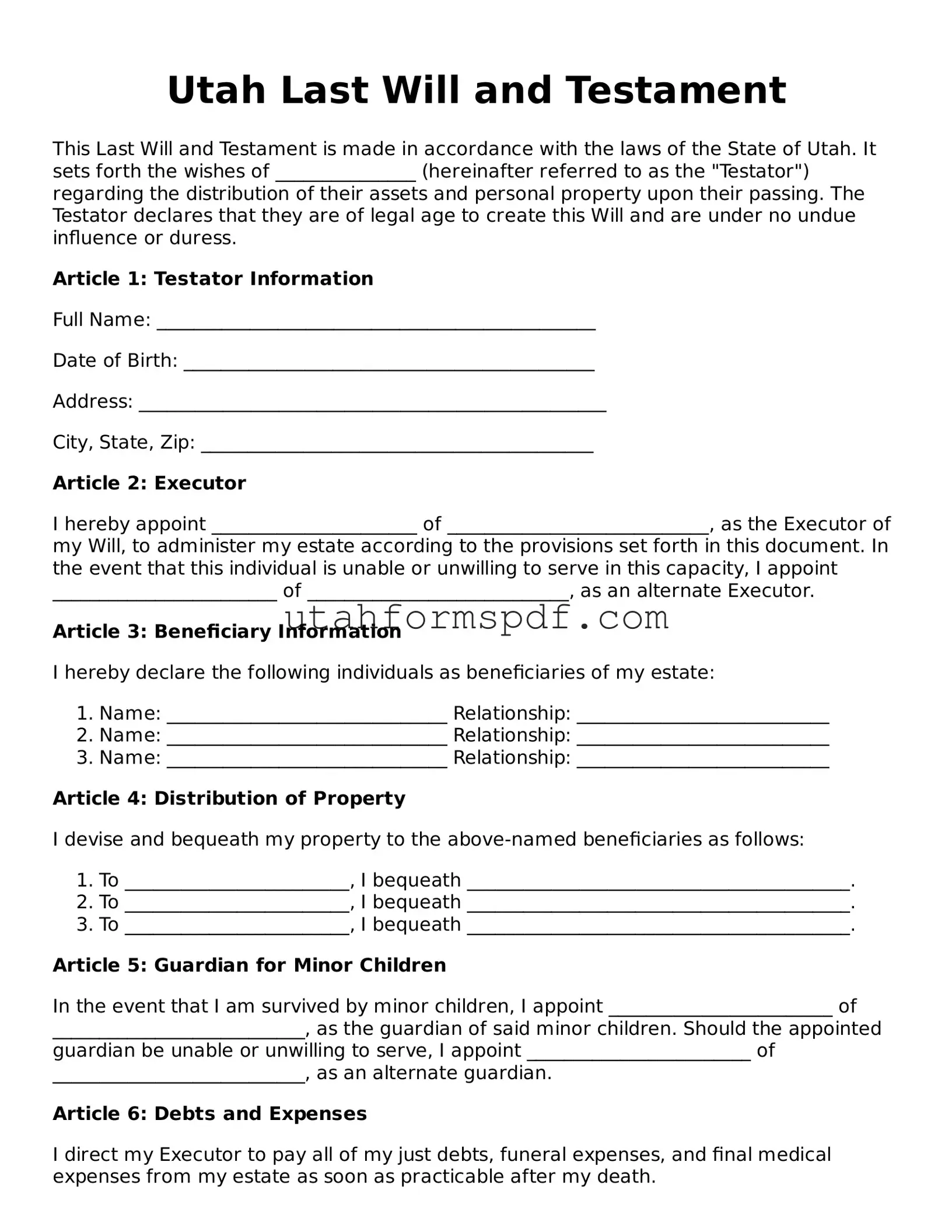 Official Utah Last Will and Testament Form