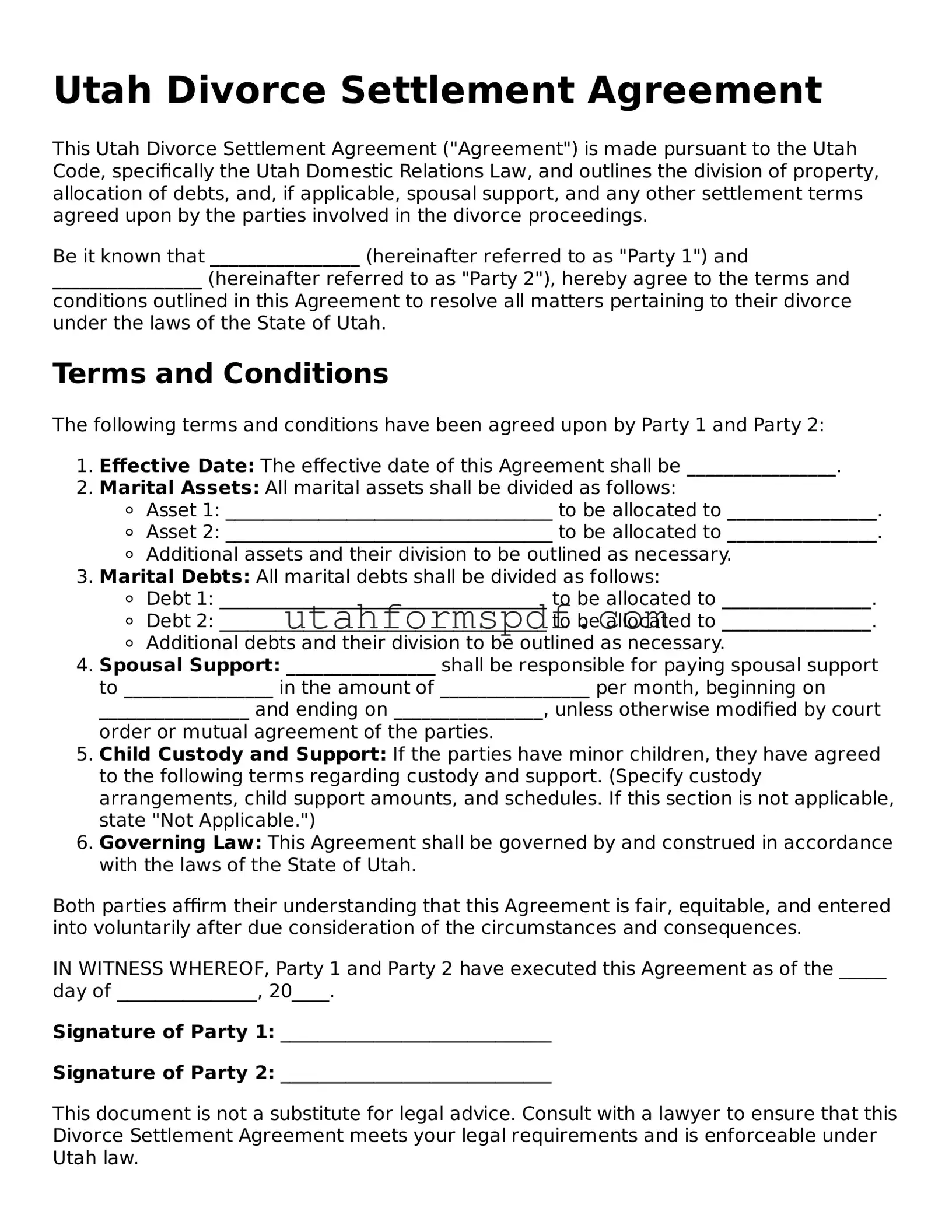 Official Utah Divorce Settlement Agreement Form