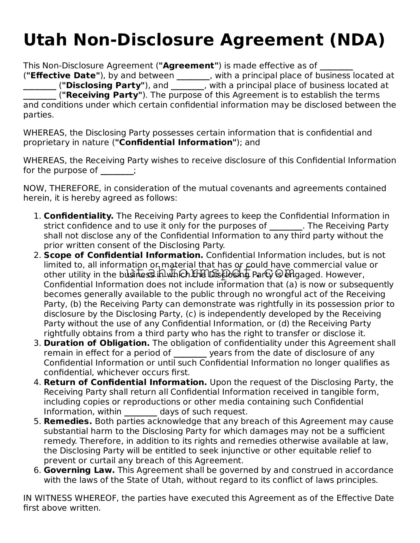 Official Utah Non-disclosure Agreement Form