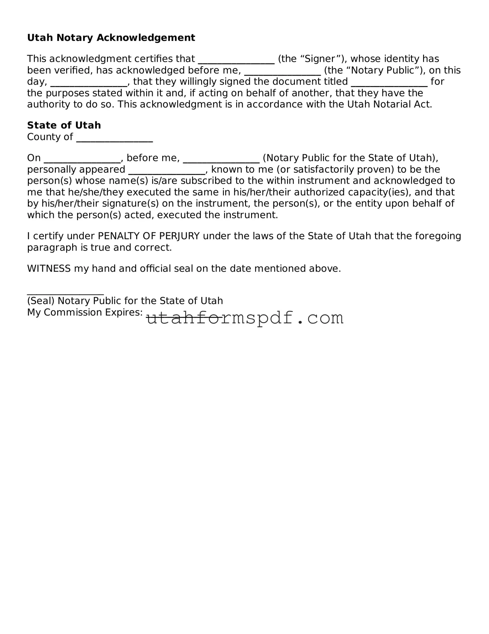 Official Utah Notary Acknowledgement Form