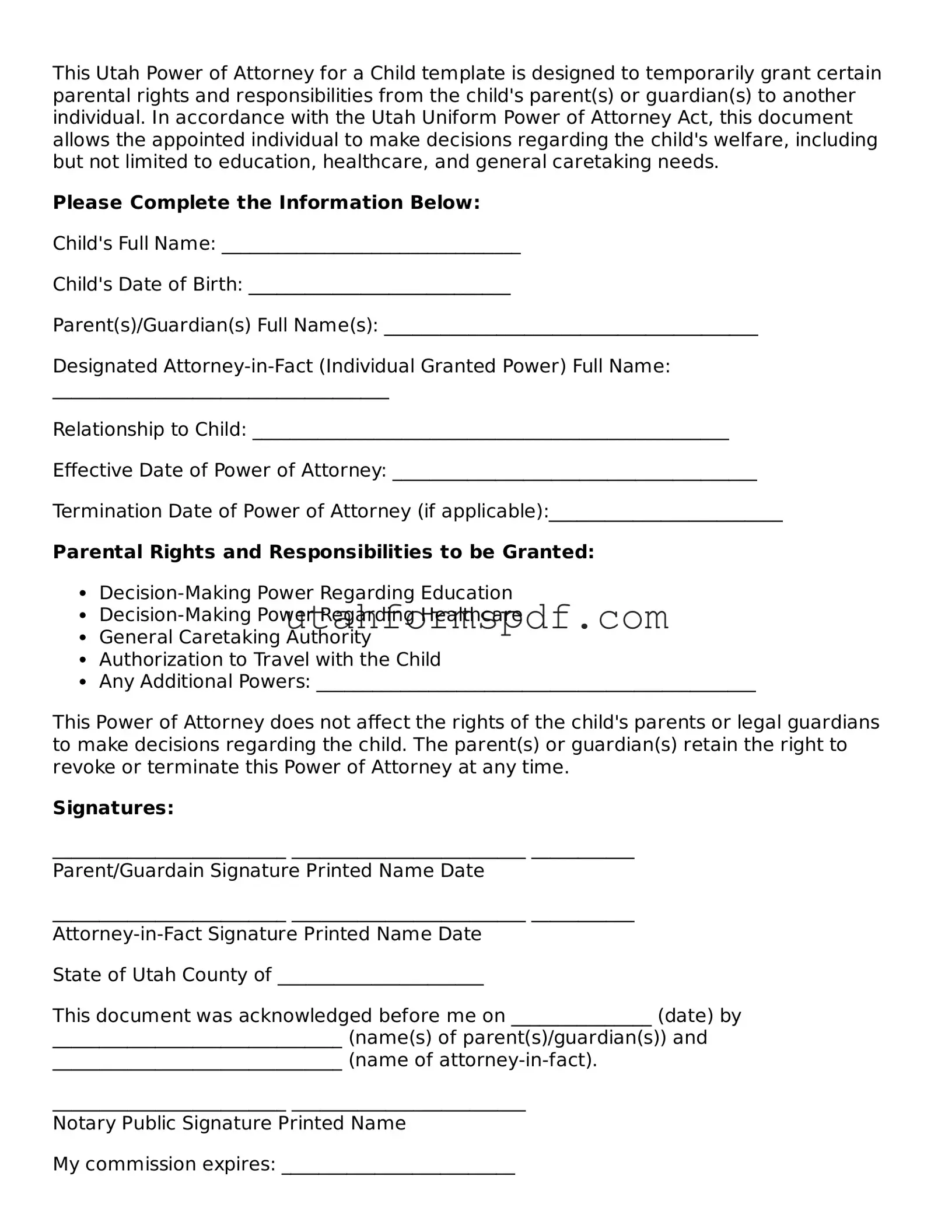 Official Utah Power of Attorney for a Child Form