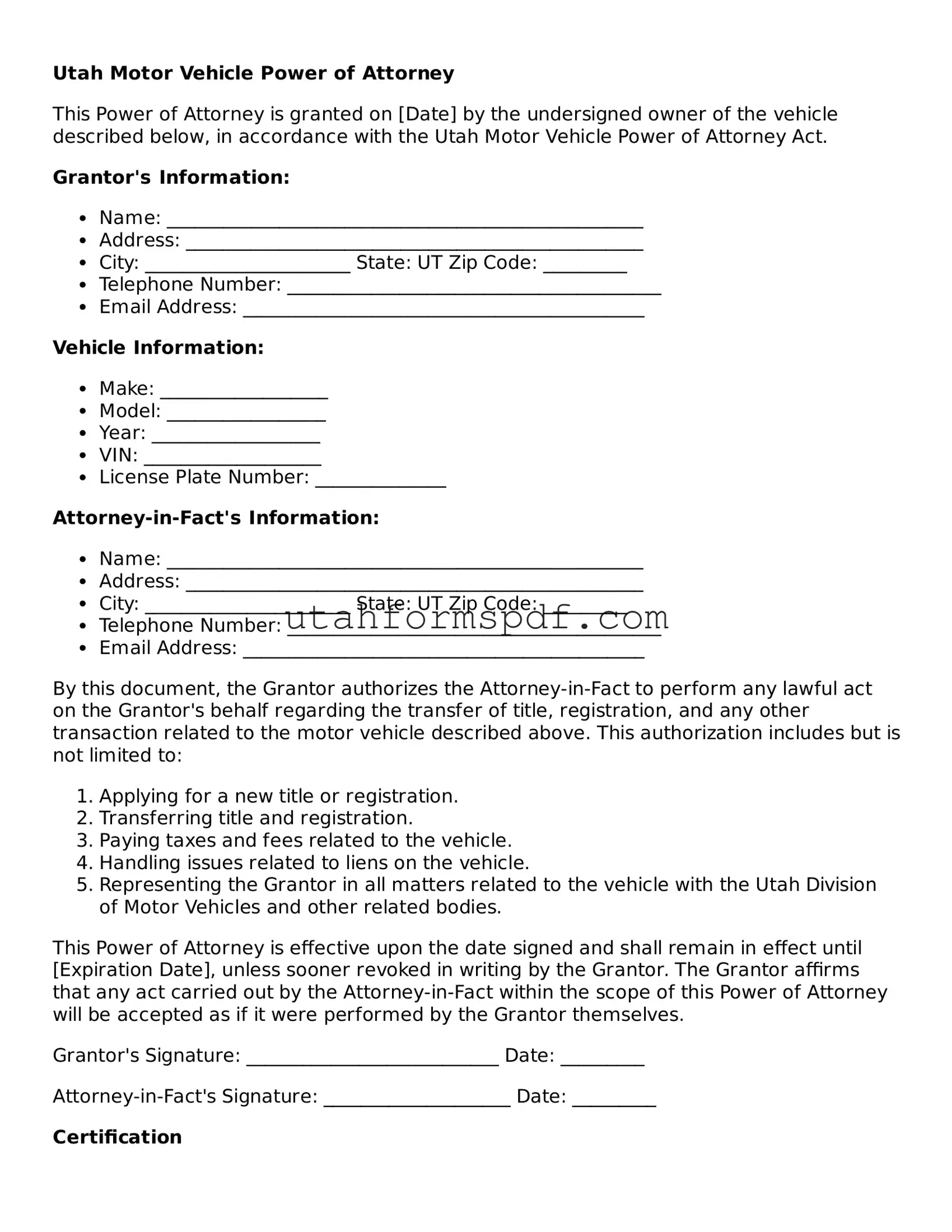 Official Utah Motor Vehicle Power of Attorney Form