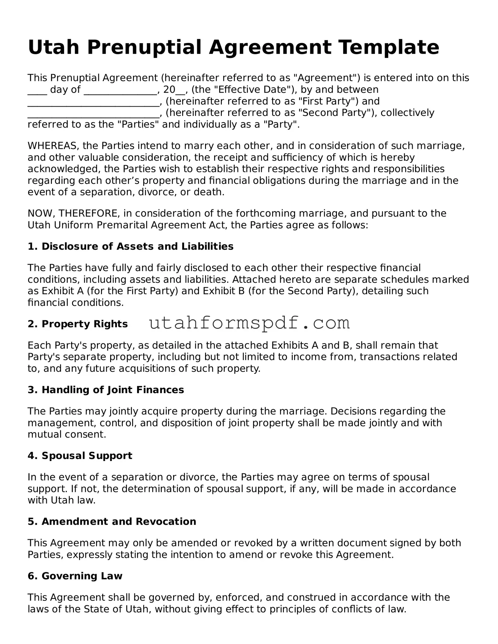 Official Utah Prenuptial Agreement Form