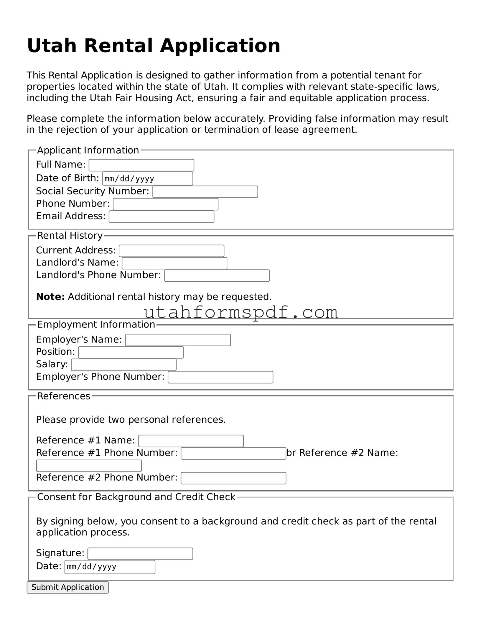 Official Utah Rental Application Form
