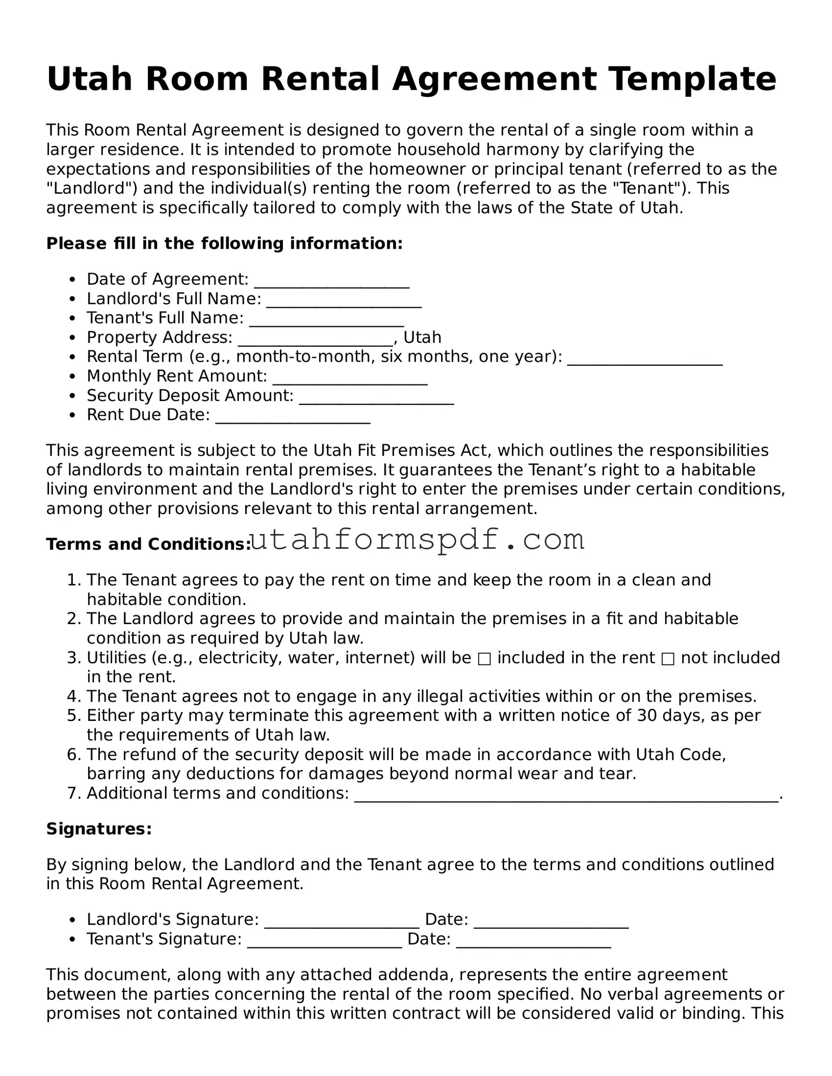 Official Utah Room Rental Agreement Form