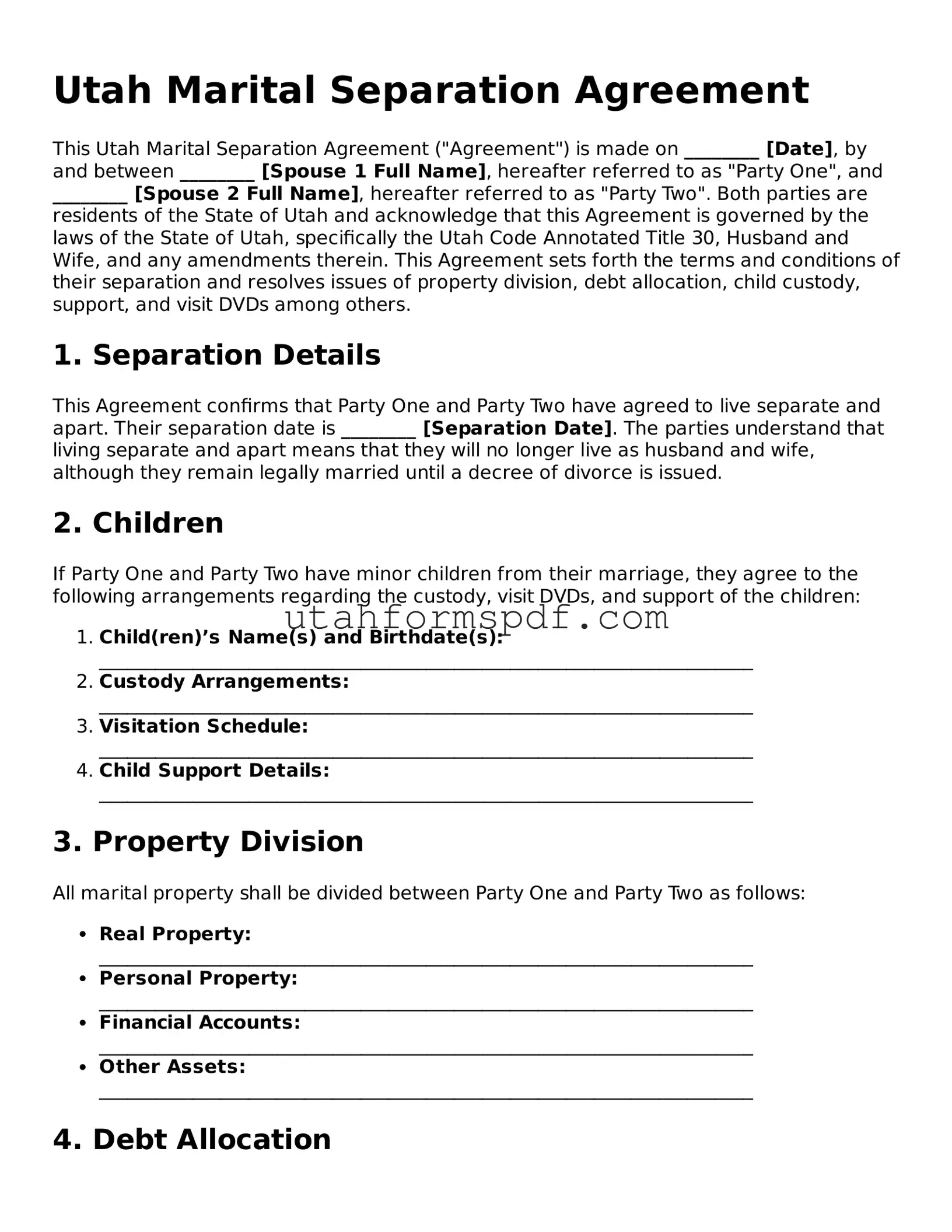 Official Utah Marital Separation Agreement Form
