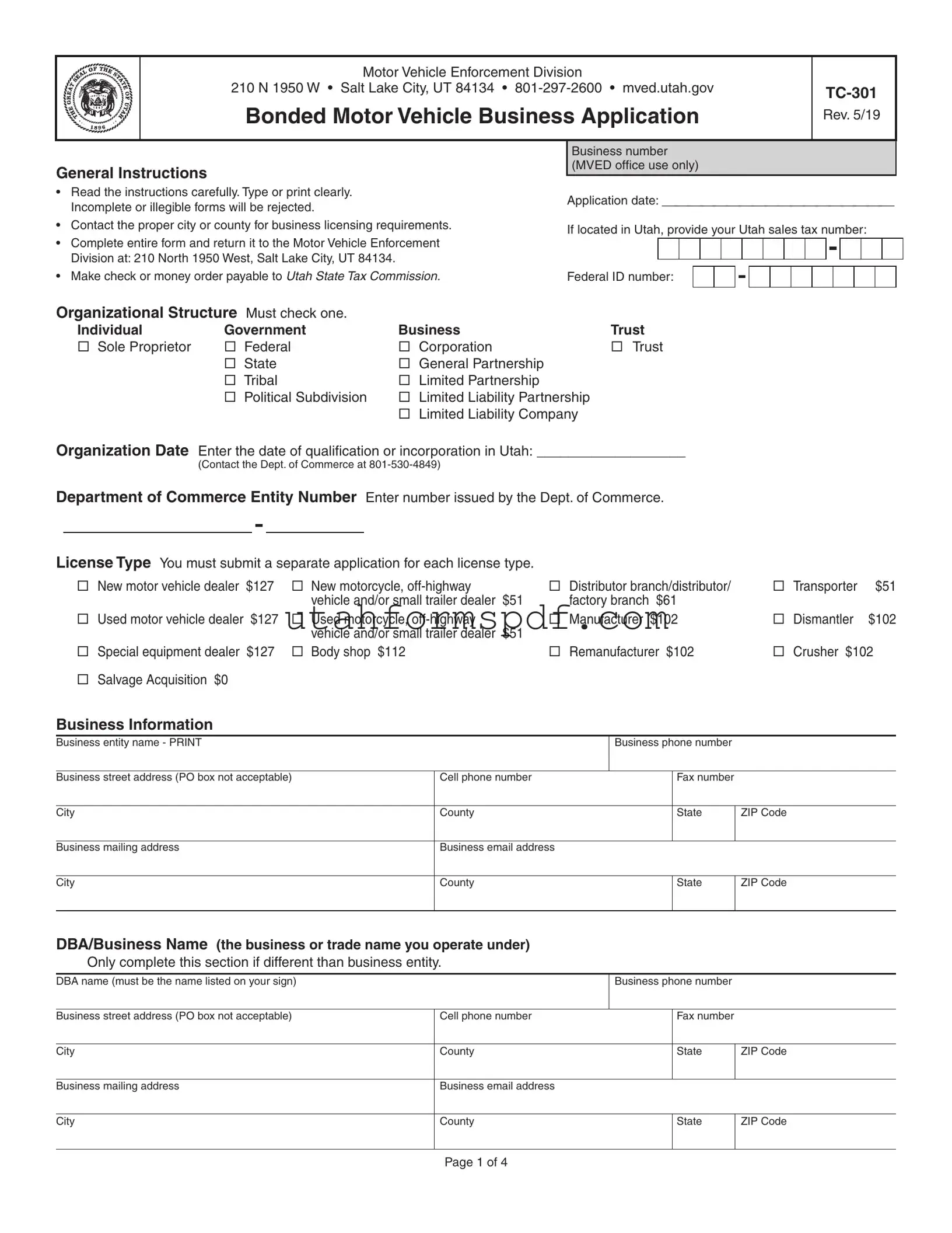 Blank Utah Tc 301 Form