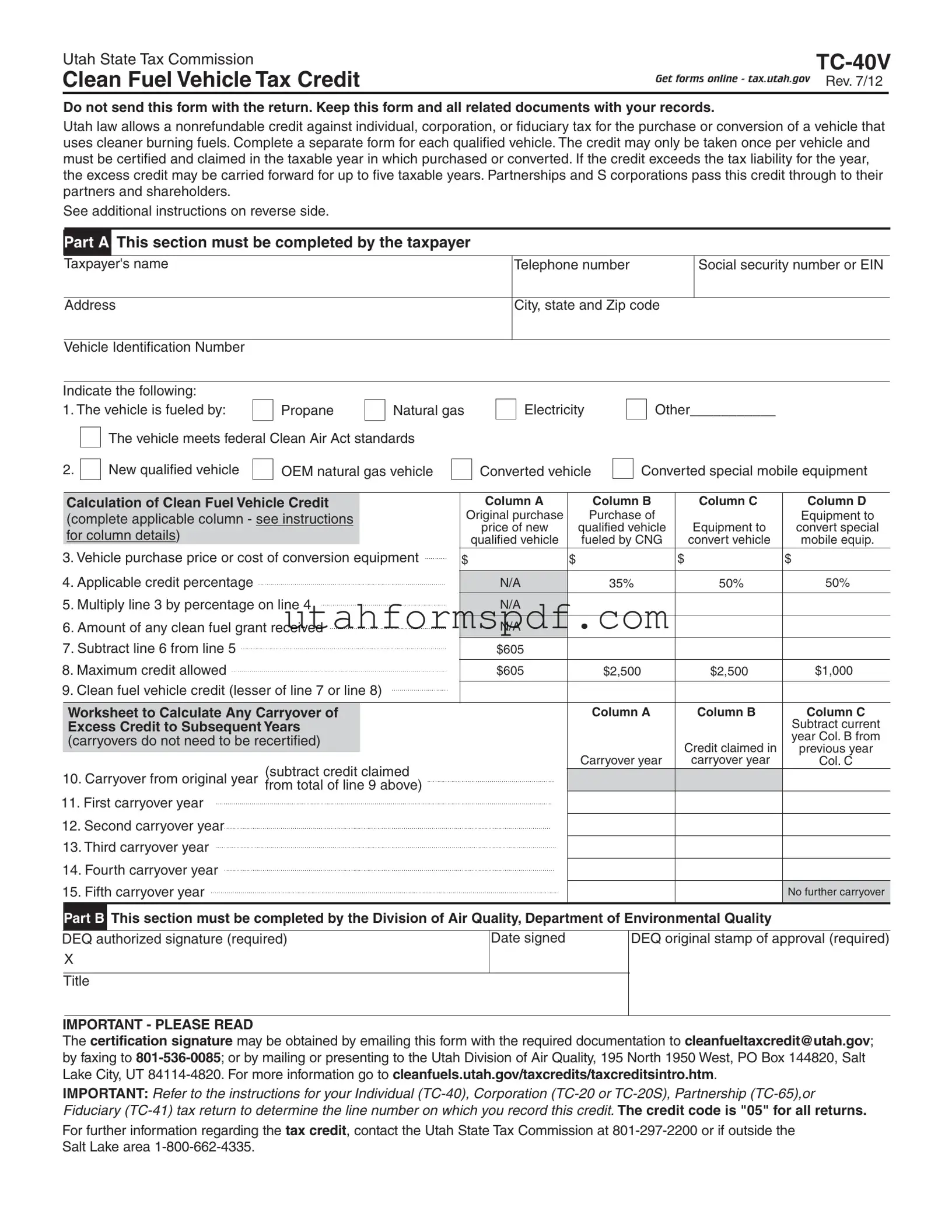 Blank Utah Tc 40V Form