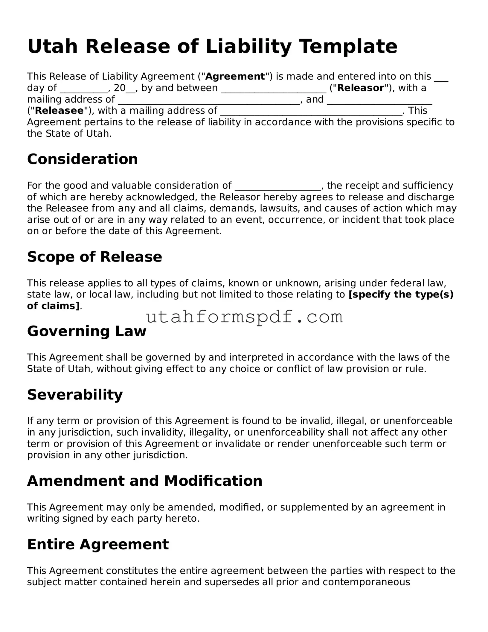 Official Utah Release of Liability Form