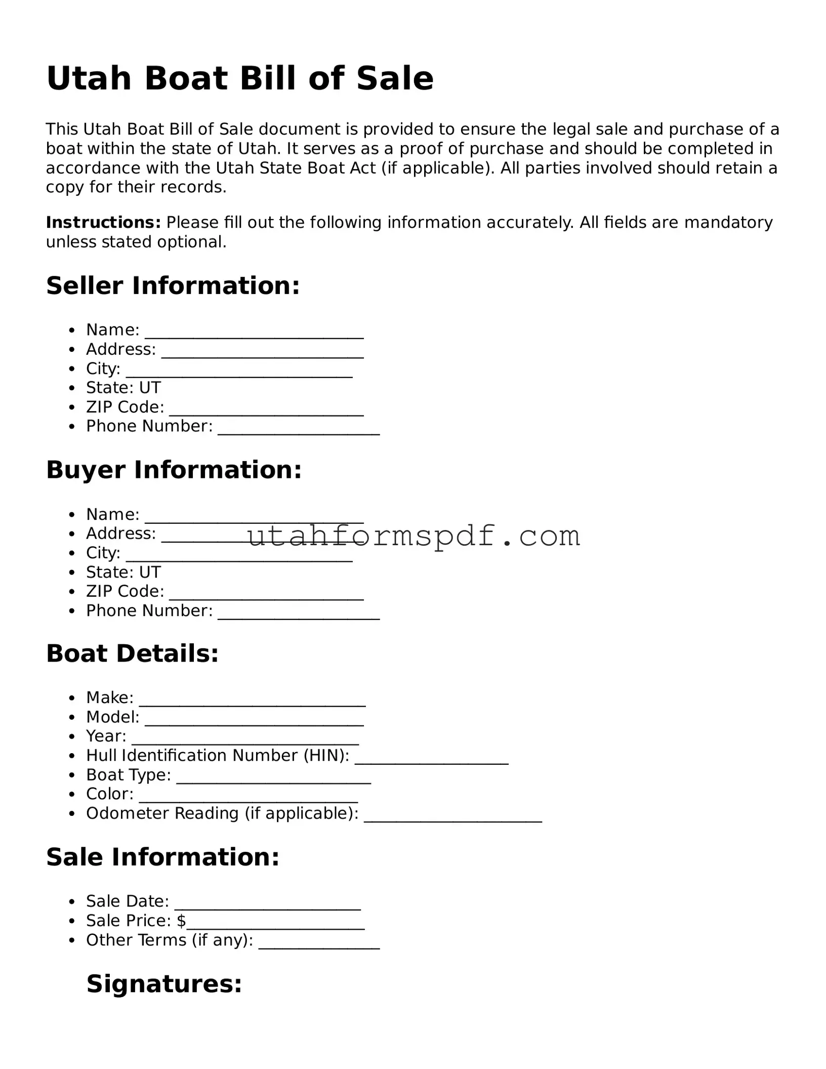 Official Utah Boat Bill of Sale Form