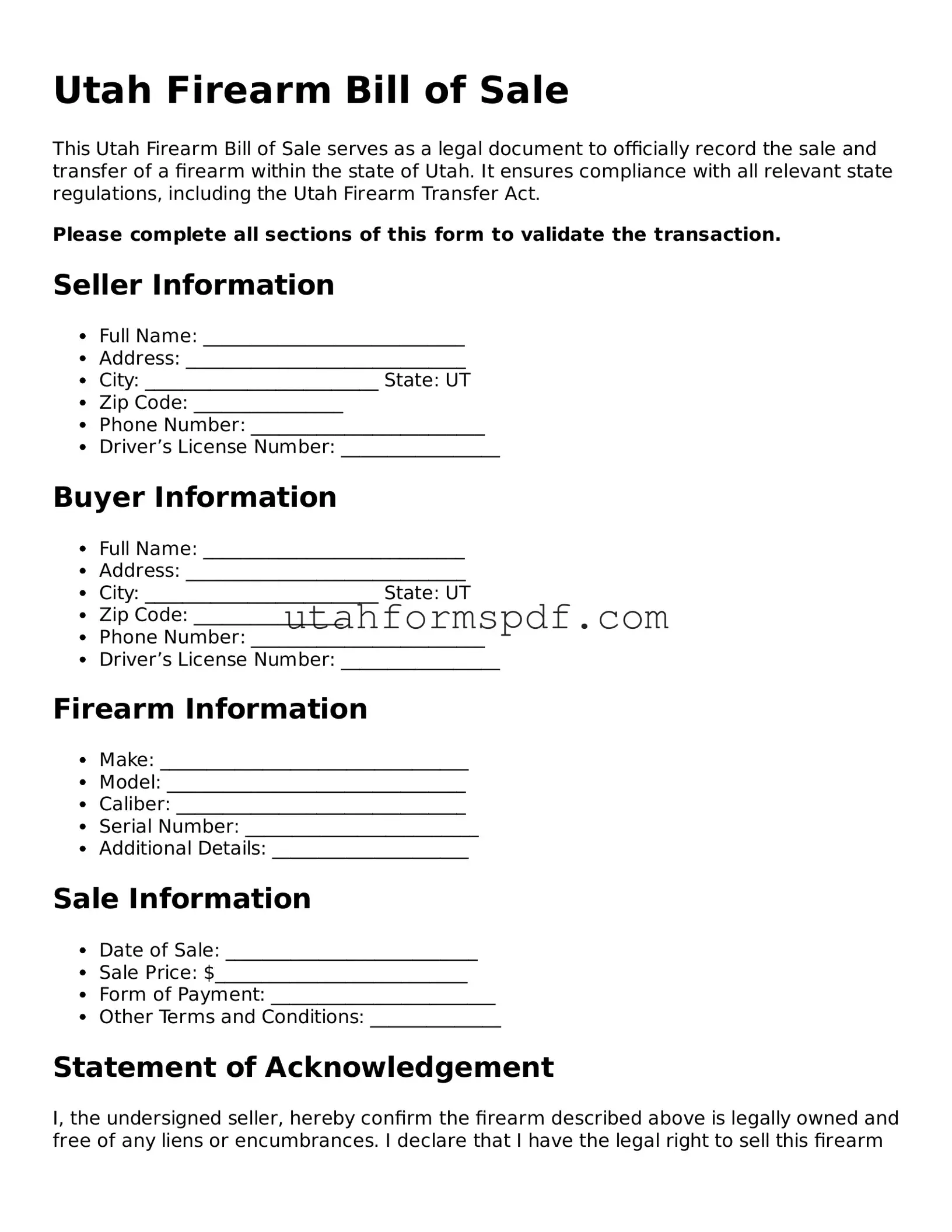 Official Utah Firearm Bill of Sale Form